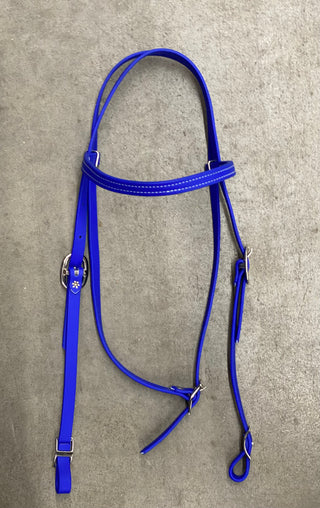 MG Biothane Headstall in royal blue color, showcasing the durable and weather-resistant material. The image displays the headstall's sleek design, highlighting its versatility and suitability for various equestrian activities.