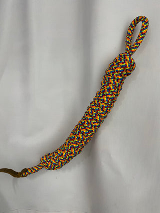 Rainbow MG lead rope: This lead rope boasts a vibrant rainbow color pattern, making it both functional and stylish for your horse handling needs. The image showcases the colorful design of the lead rope, highlighting its durability and versatility for various training and handling tasks.