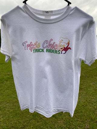 A shirt proudly displaying the Trixie Chicks Trick Riders' logo, showcasing style and support for the team's endeavors.